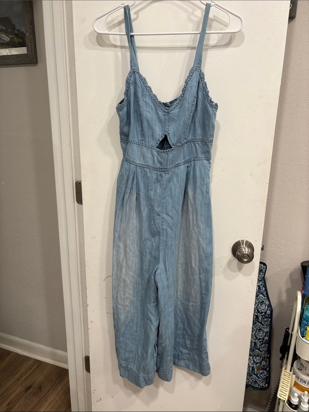 Taylor & Sage Light Blue Denim Jumpsuit with Spaghetti Straps